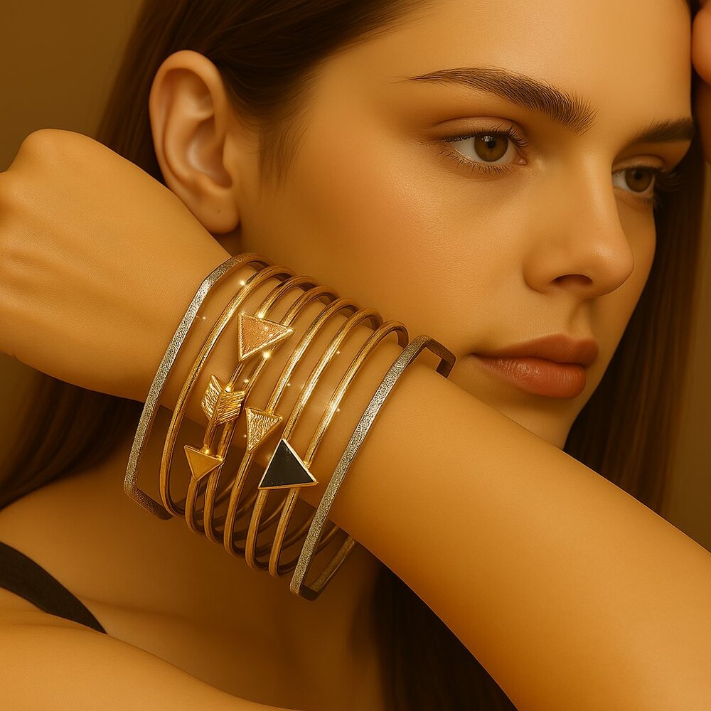Set of 8 Silver & Gold-Tone Arrow & Geometric Bangle Bracelets Stackable Jewelry